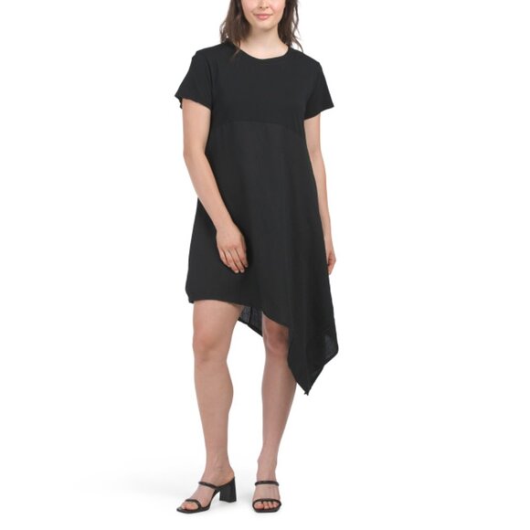 BLUE NAVY  Italy Linen Blend Knit Mix Media Short Sleeve Mini Dress - Picture 1 of 2